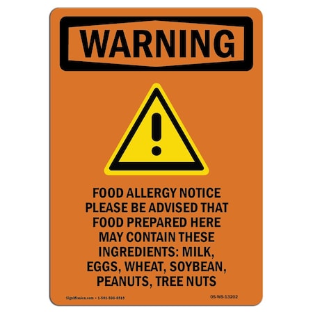 OSHA WARNING Sign, Food Allergy Notice W/ Symbol, 10in X 7in Rigid Plastic